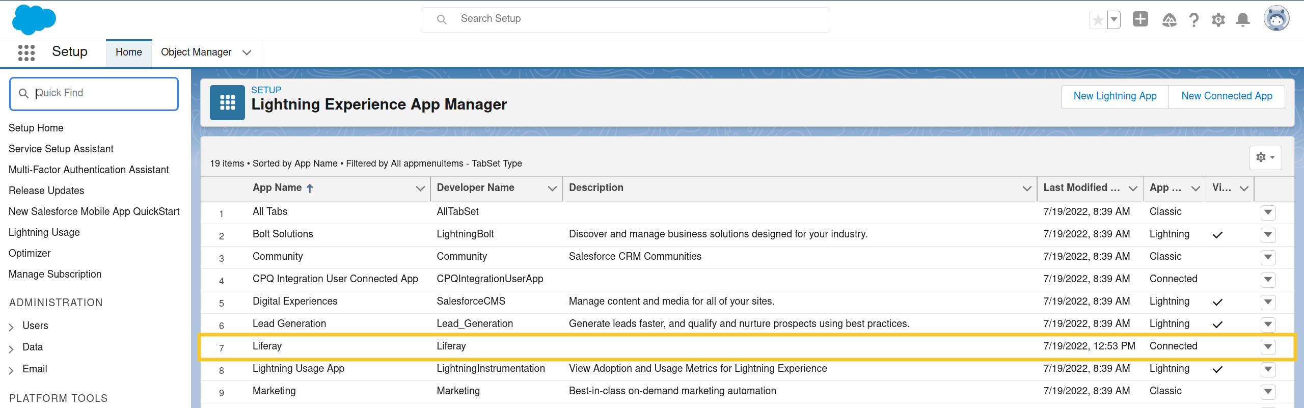 Create a connected app in Salesforce for connecting with your Liferay server.