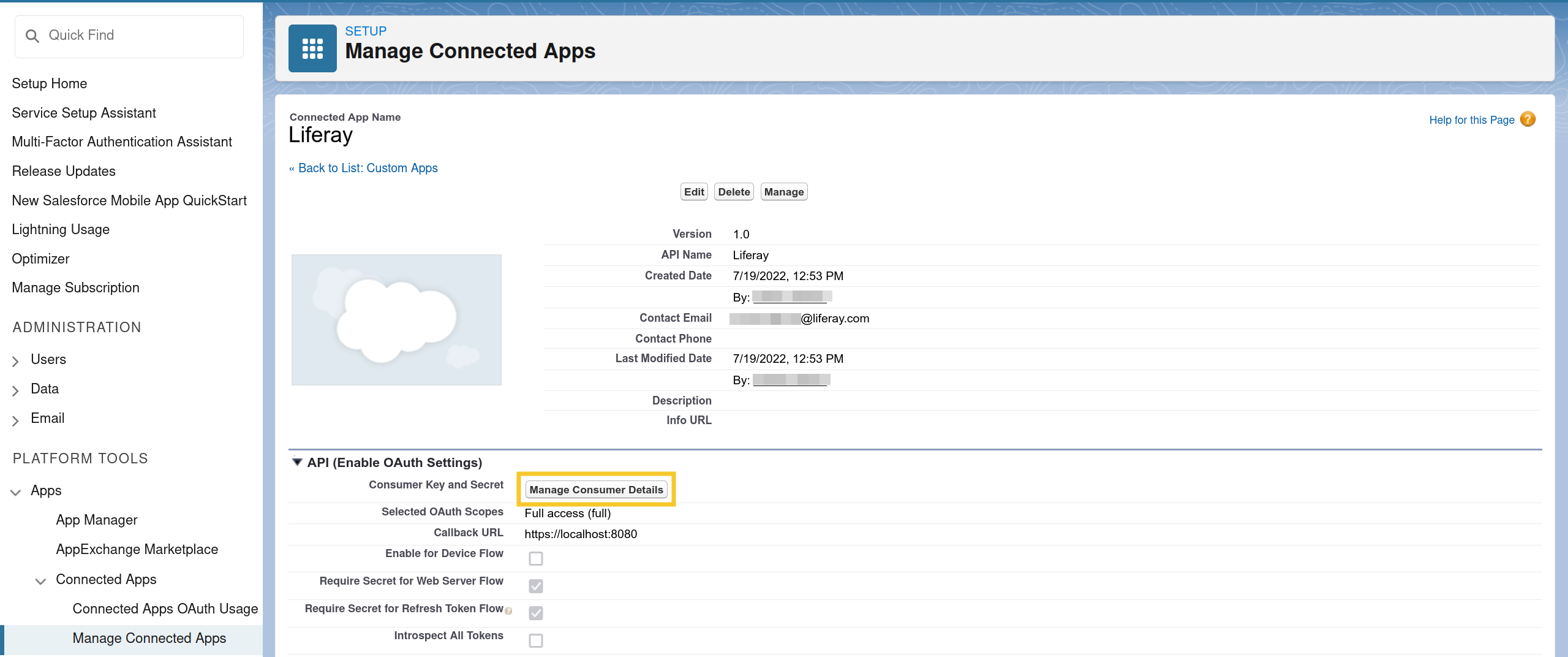 Enable OAuth for the Liferay connected app and retrieve the OAuth consumer key and secret for use in your Liferay instance.