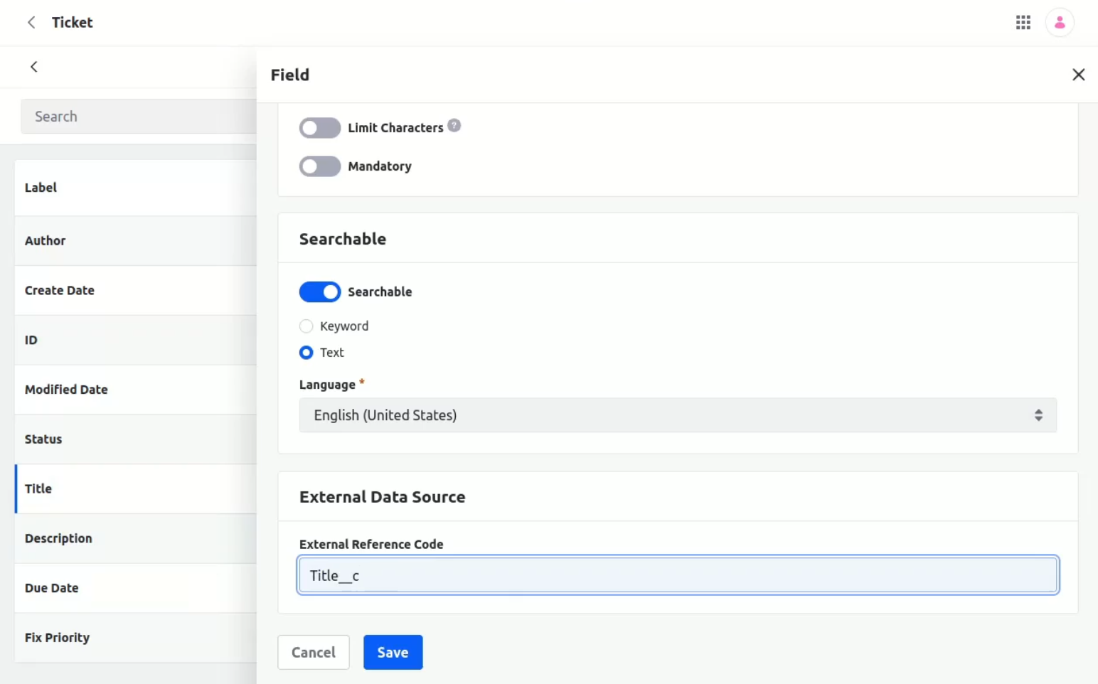 Use the Salesforce field name for the external reference code.