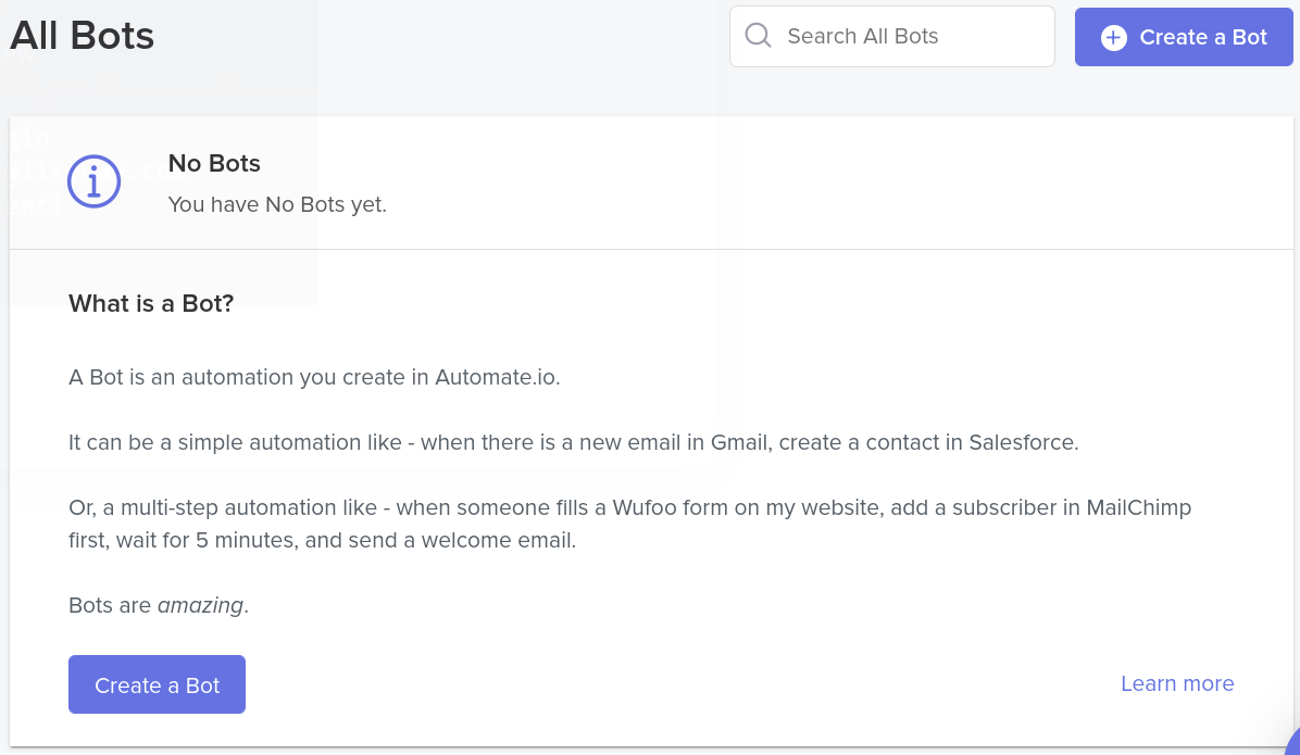 Open Automate.io and click Create a Bot.