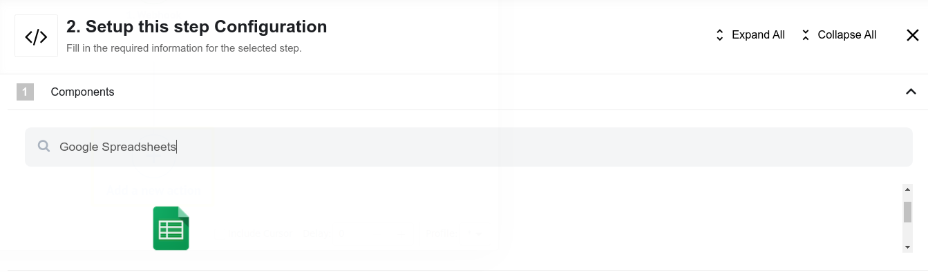Select the Google Sheets component.