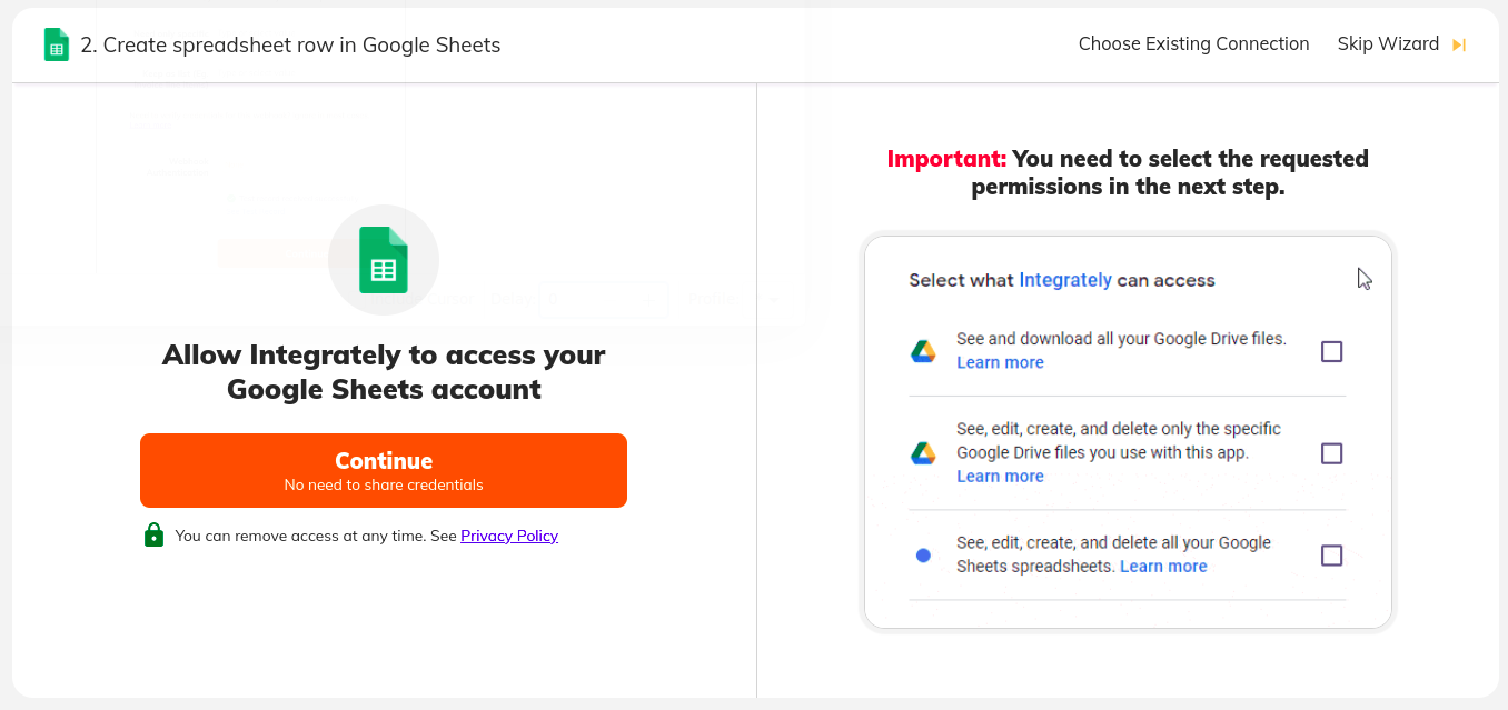 Connect the Google Sheets app to a Google account.