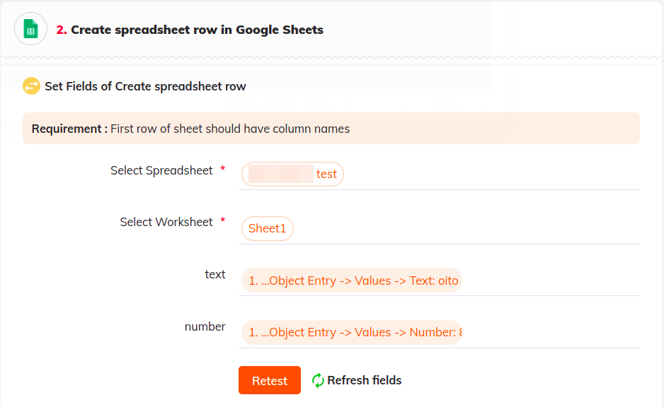 Map the Sheet's columns to Object fields.