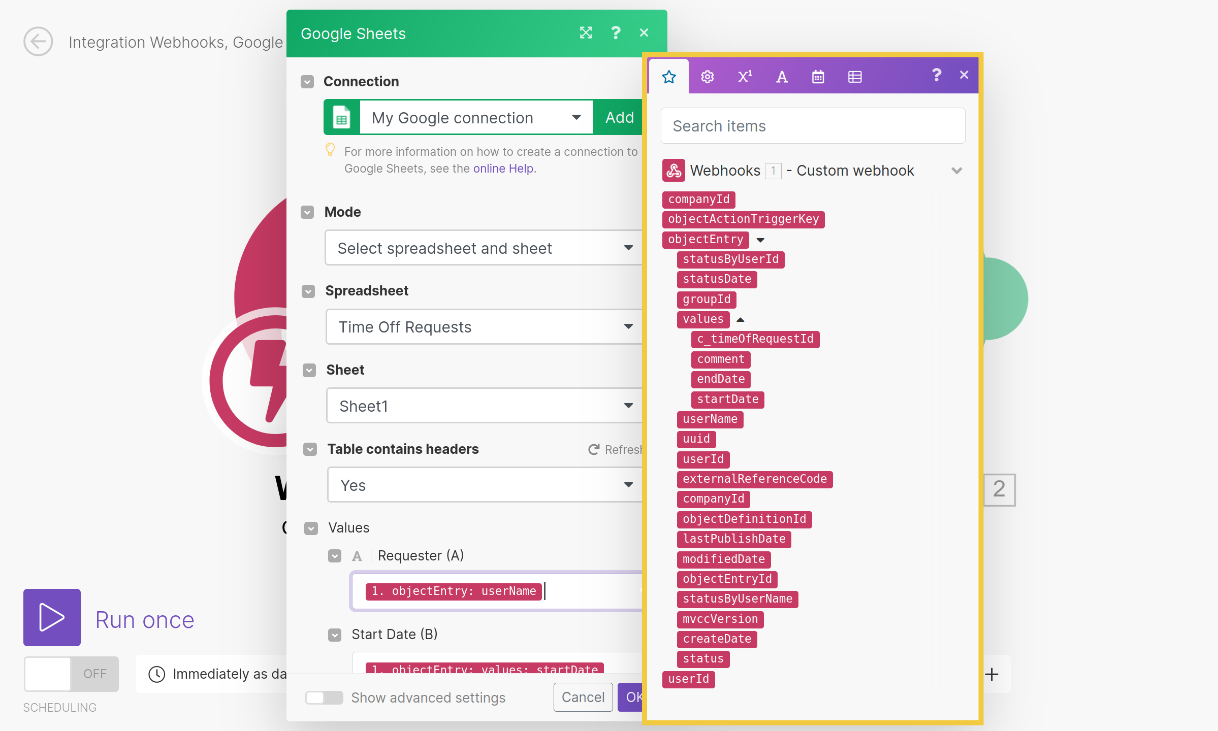 Map the Sheet's columns to Object fields.