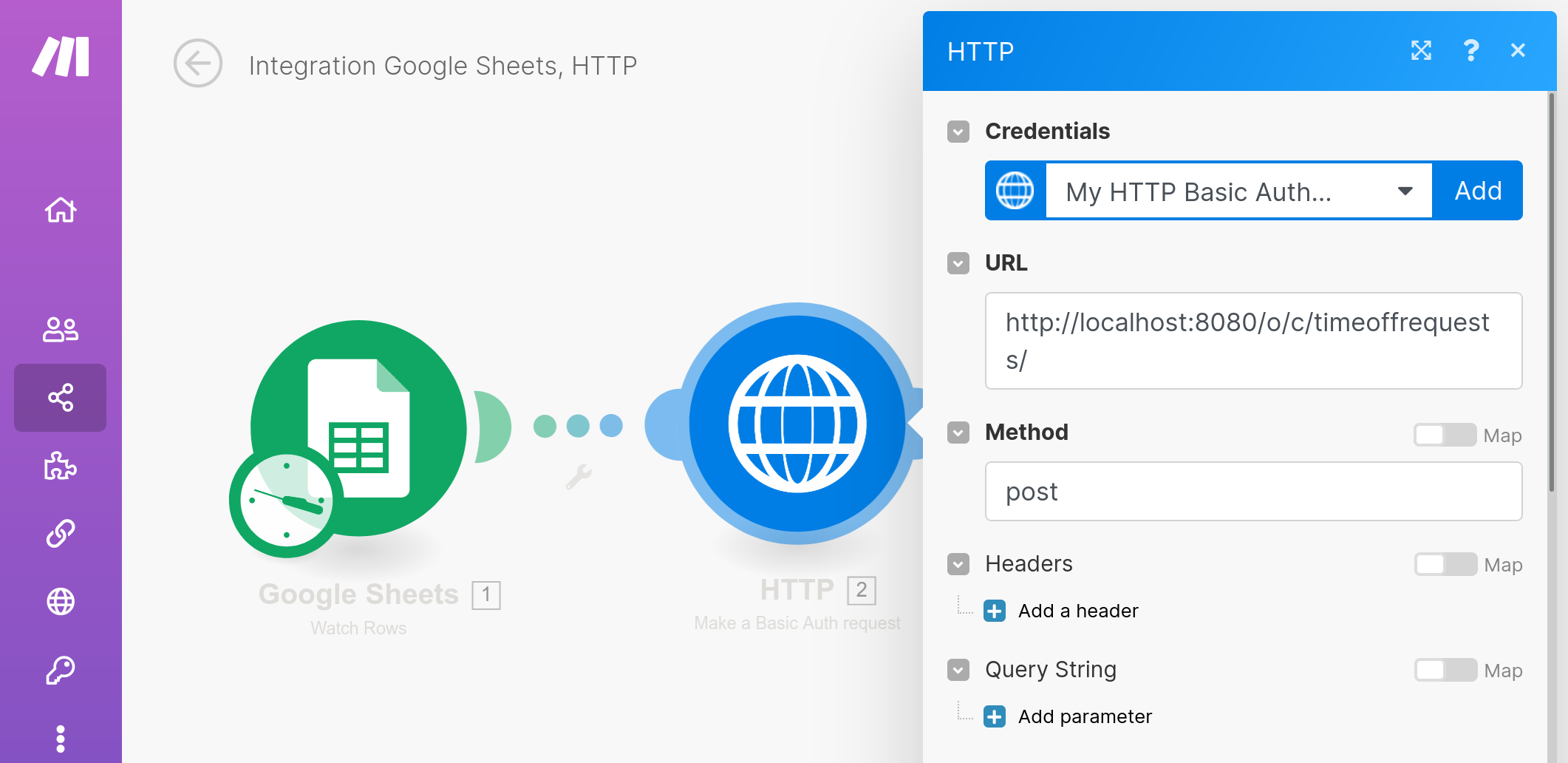 Add credentials, enter the Object's Headless API URL, and select the post method.