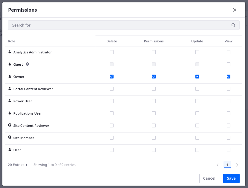 Use the checkboxes to assign permissions to the desired roles.