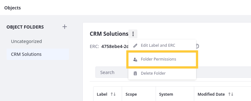 Click the Actions button for the desired object folder and select Permissions.