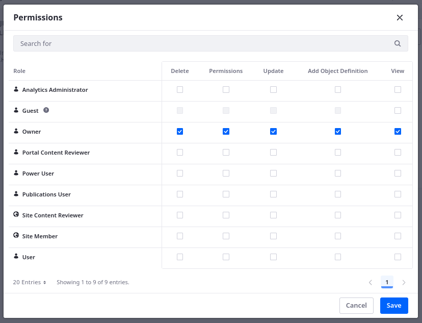 Use the checkboxes to assign permissions to the desired roles.