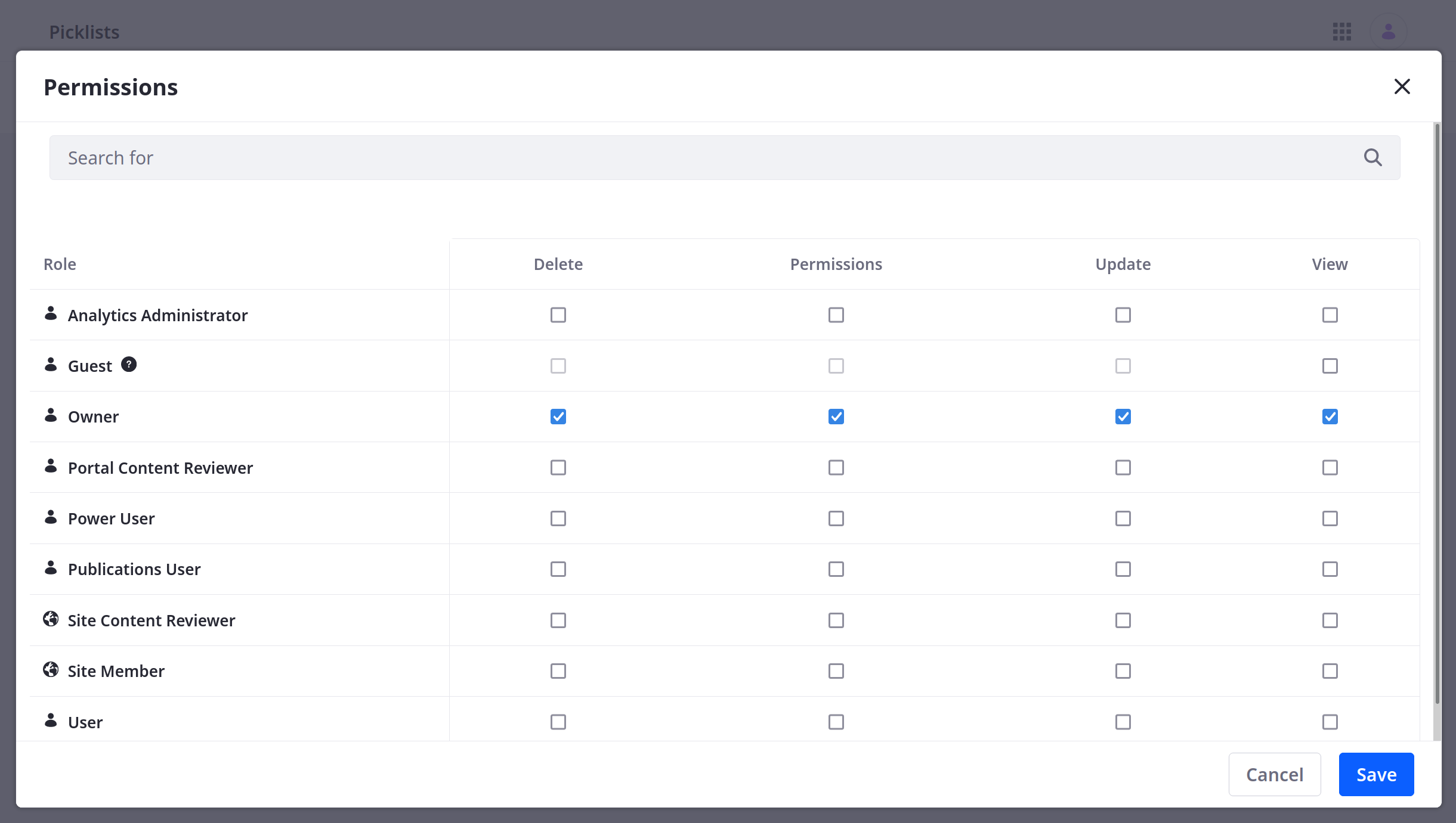 Use the checkboxes to assign permissions to the desired roles.