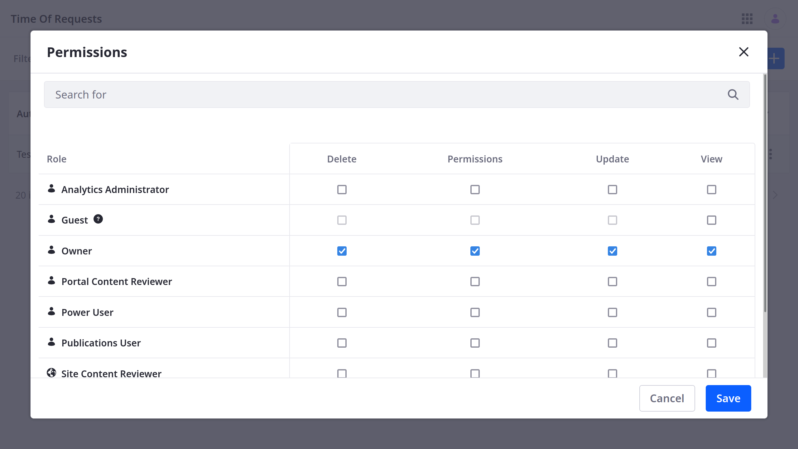 Use the checkboxes to assign permissions to the desired roles.