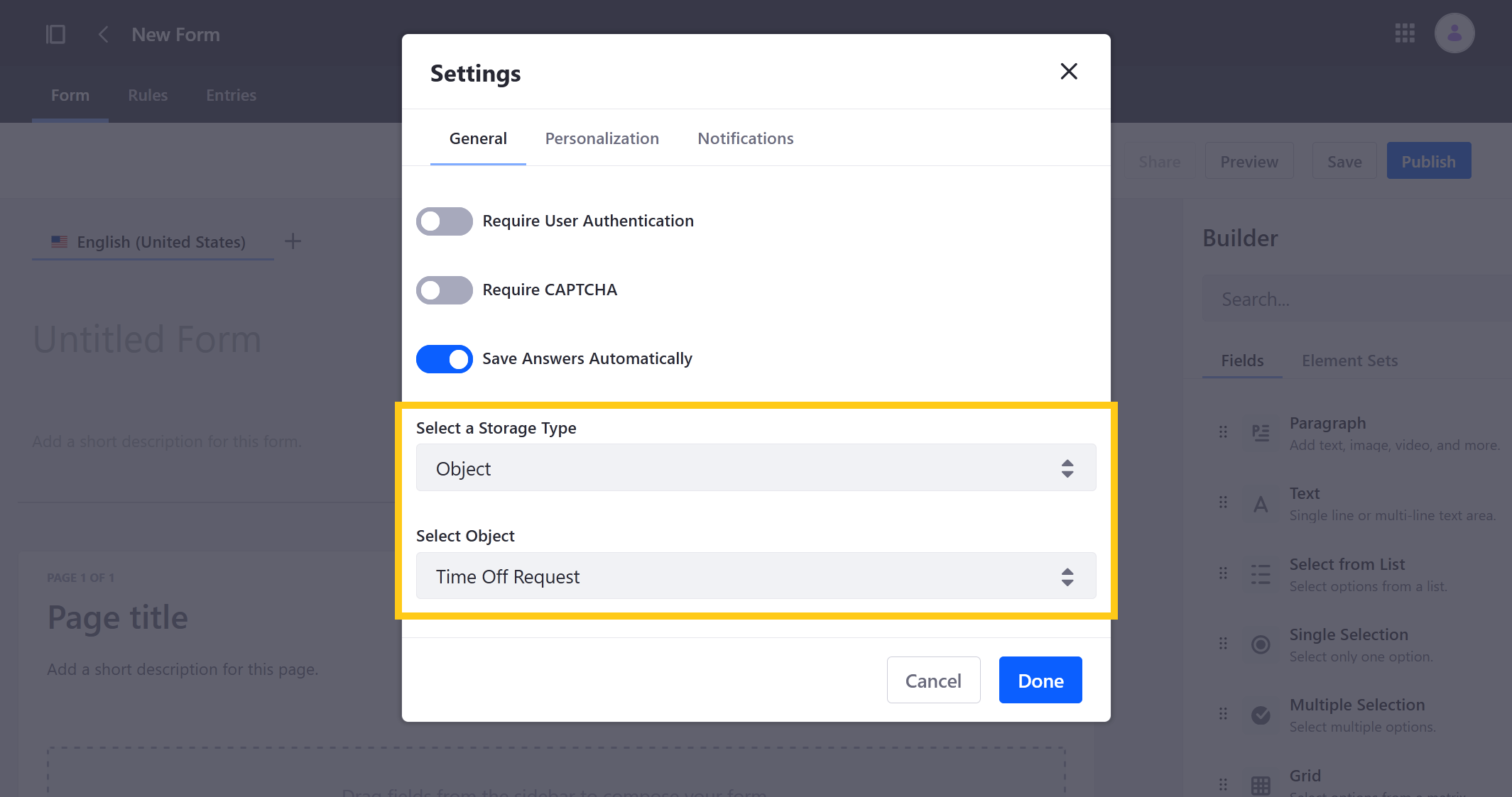 Select the Object storage type and the desired object.