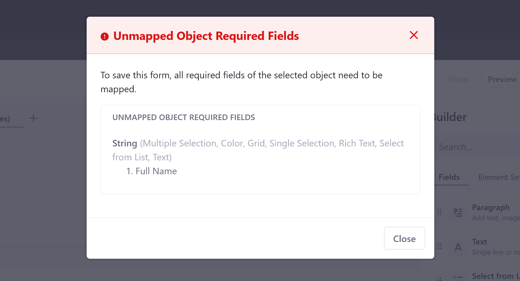 Attempting to publish a form with invalid mappings displays an error message.