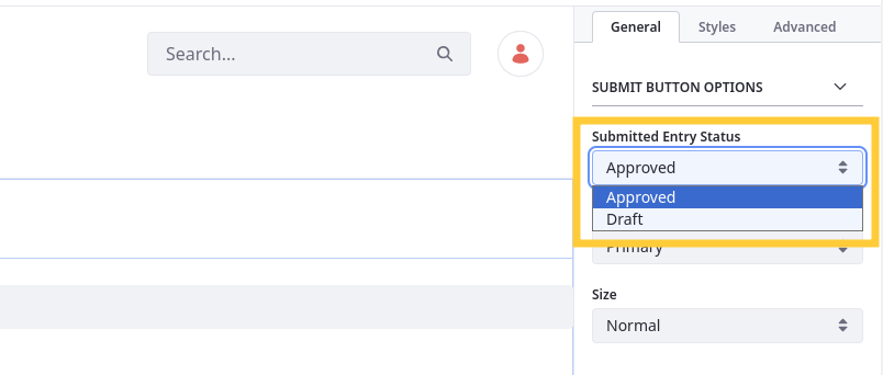 Configure the Submitted Entry Status for the form's submit button.