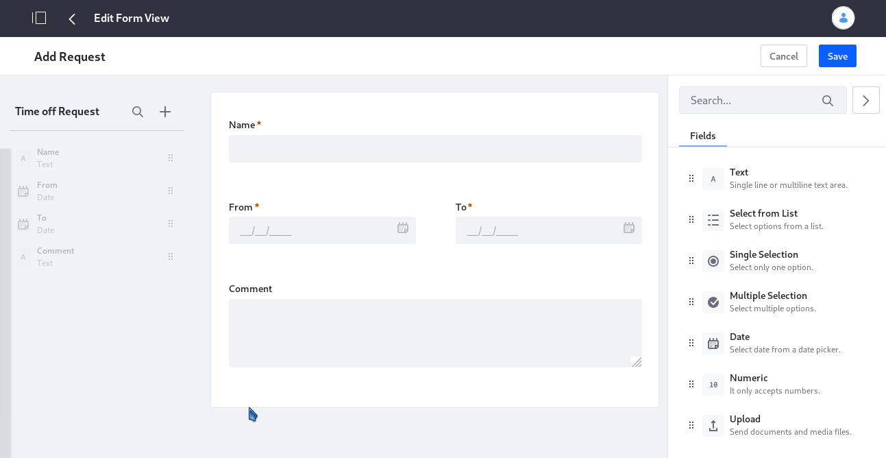 Use the form builder embedded inside the App Builder to create form views.