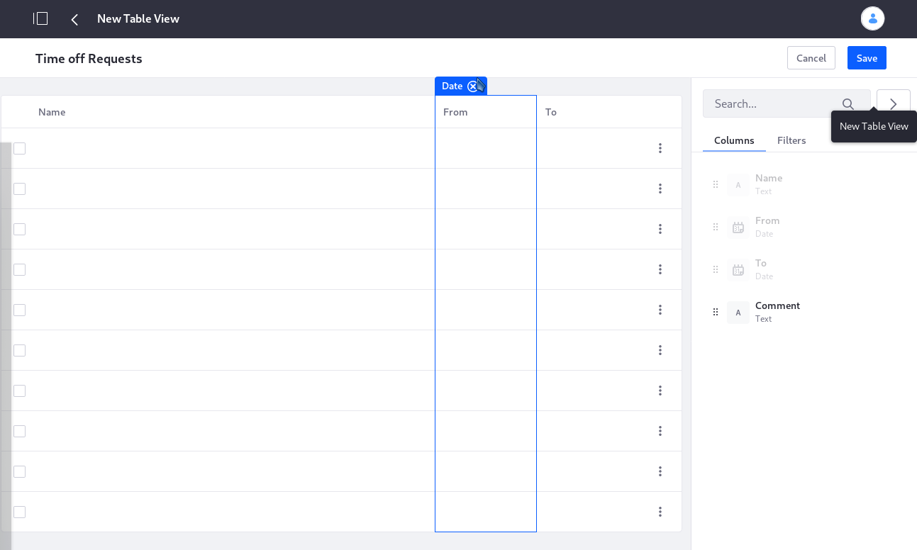 Use the table builder embedded inside the App Builder to create table views.