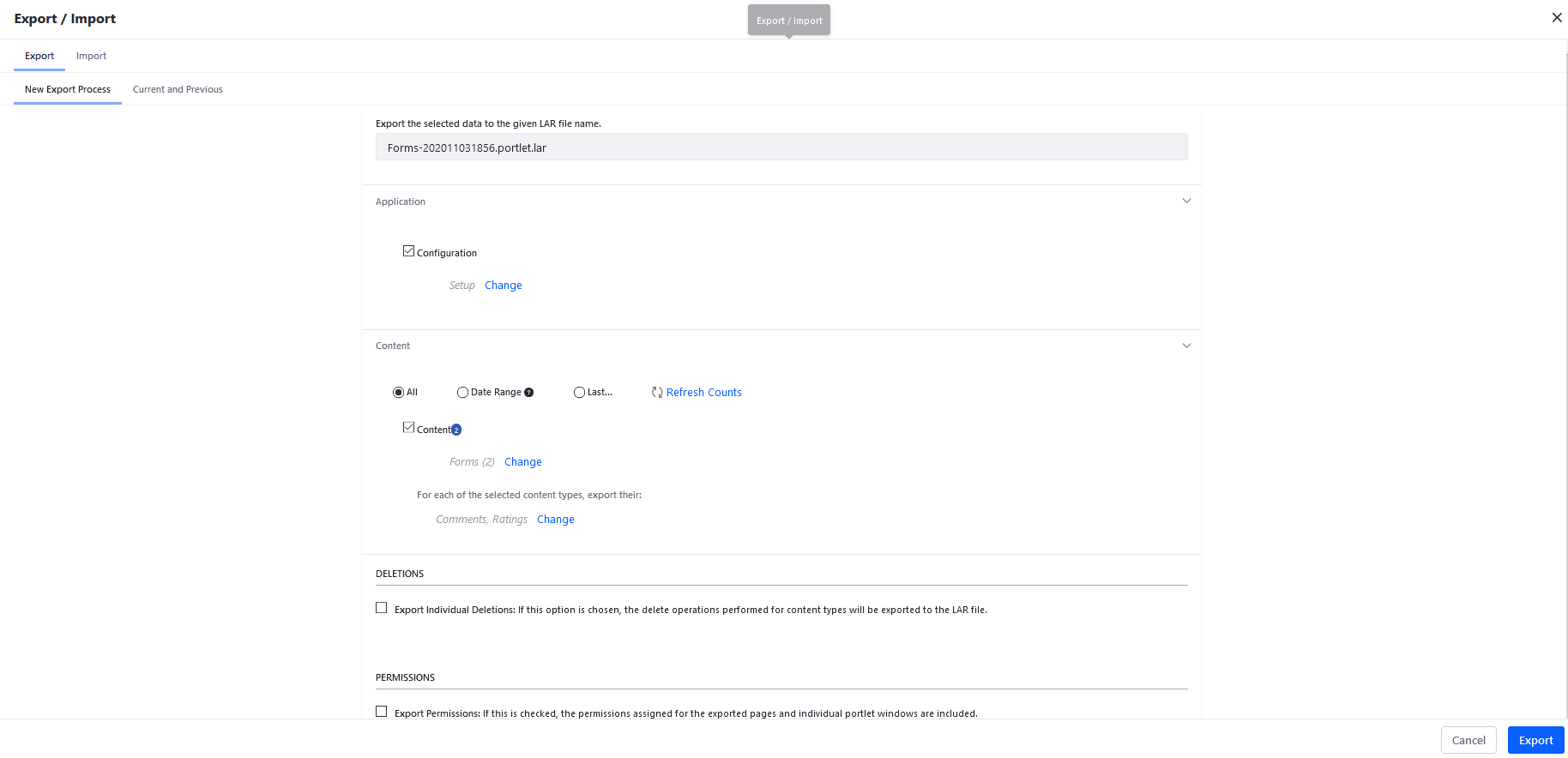 Export your forms as a LAR file.