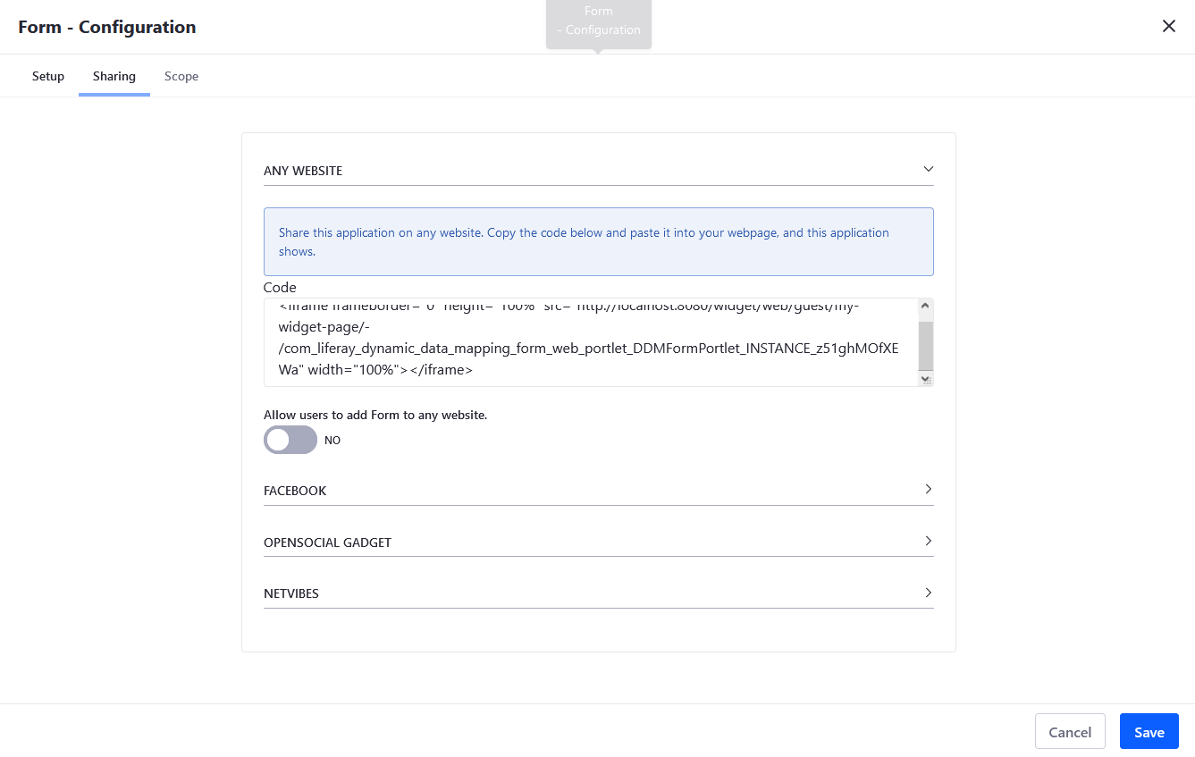 Select the desired platform where the Forms app can be embedded in.