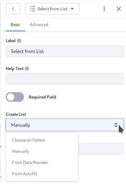 The Select from List field has several basic configurations.