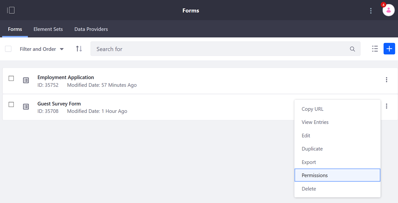 View a form's specific Permissions.