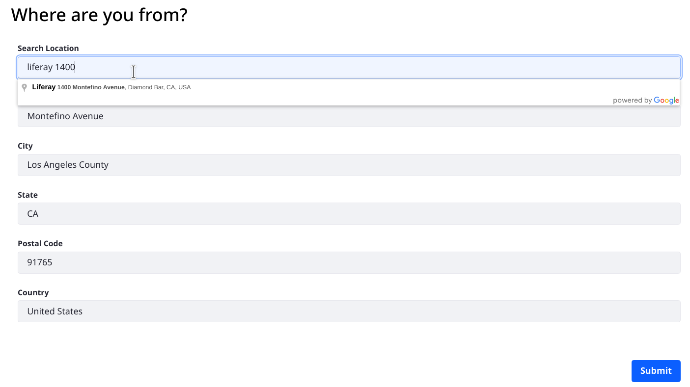 Begin entering a location and the Google APIs autocomplete valid locations you can select from.