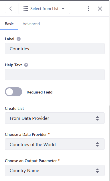 Configure the Data Provider values on the Select from List field.