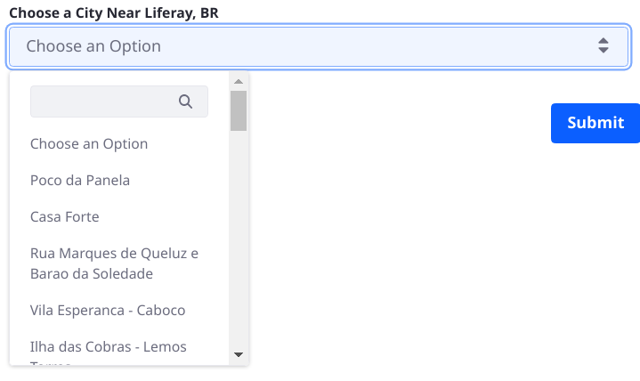 The Data Provider returns a list of cities within 20 km of Liferay, Brazil.