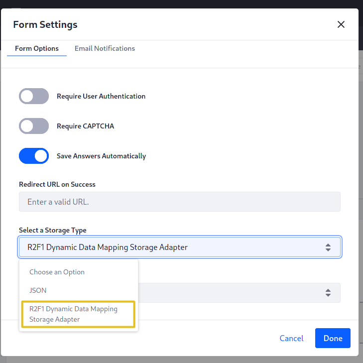 Use a DDM Storage Adapter to add a Storage Type to the Forms application.