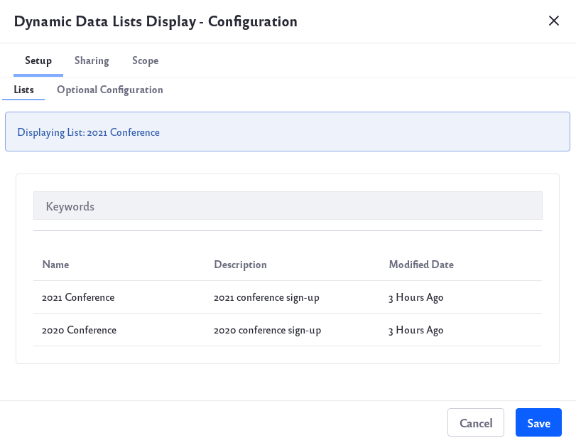 Click configuration and a form opens to select a data list