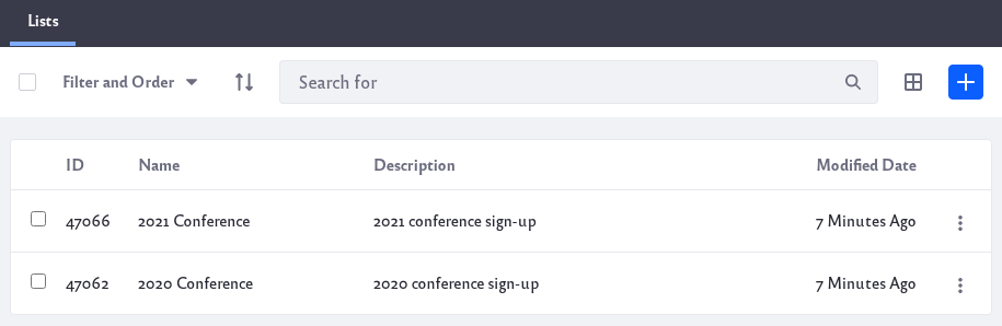 Example of conference registration forms with data lists