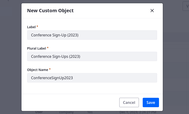 Enter a Label, Plural Label, and Name for the object draft.