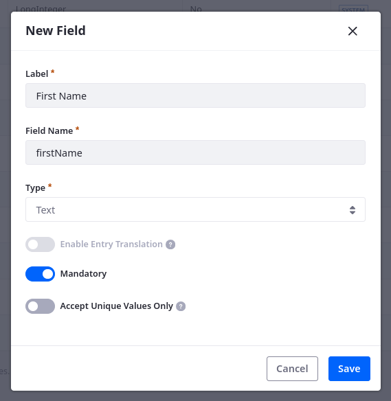 Enter a label and field name, select a field type, and determine whether the field is mandatory.