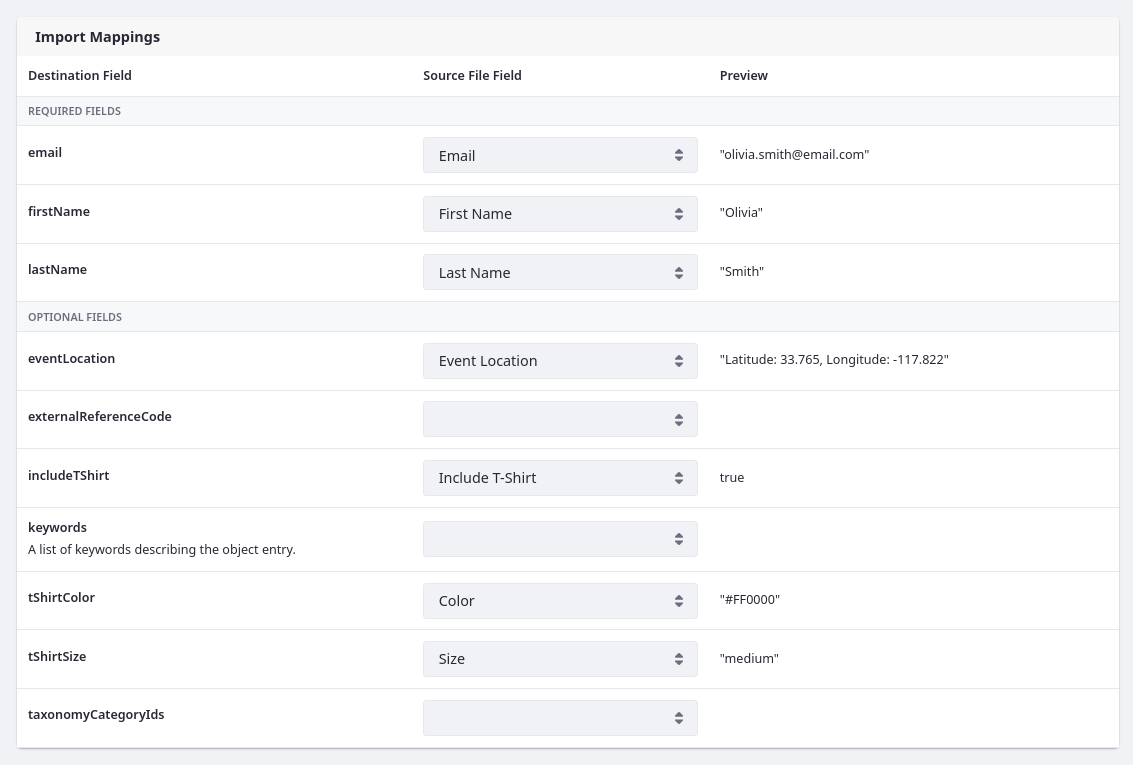 Map the source file fields to object definition fields.