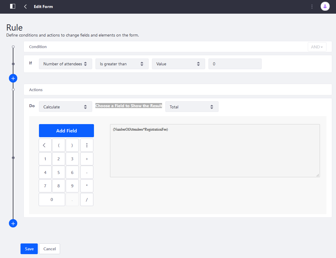 Calculate the registration total by multiplying the two fields.