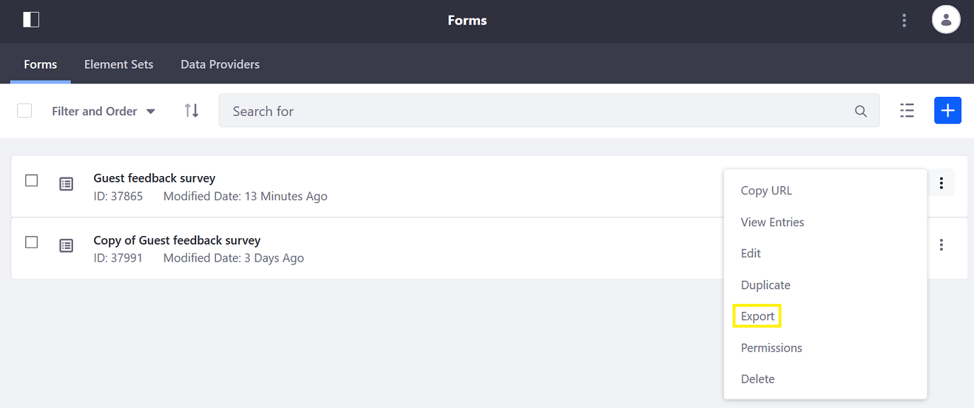 Exporting the form entries
