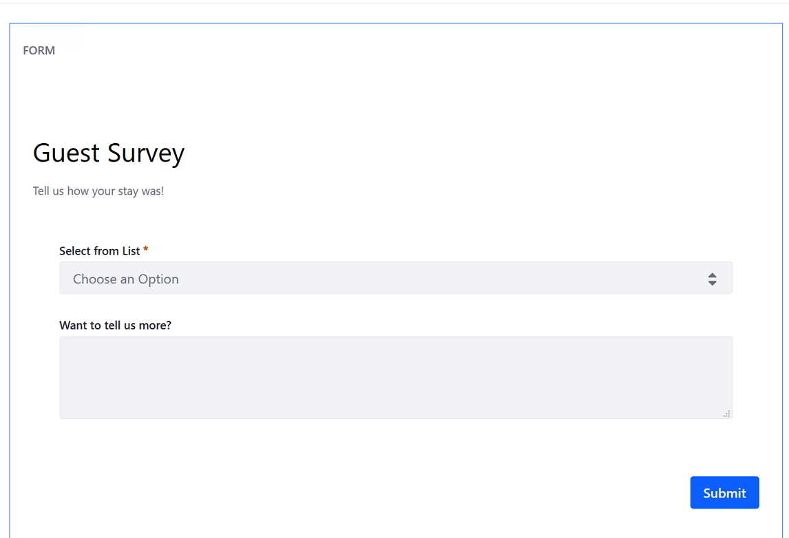 The Form widget displays the Guest Survey form