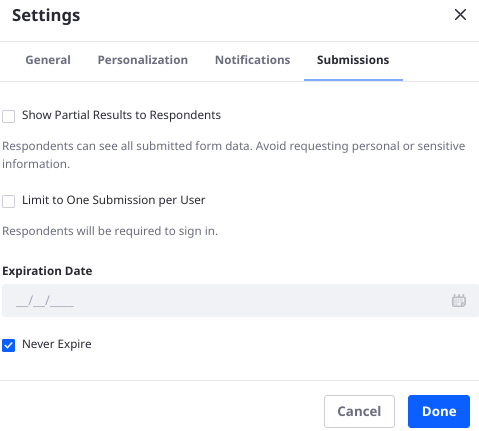 The Submissions settings are for configuring poll-like behavior.