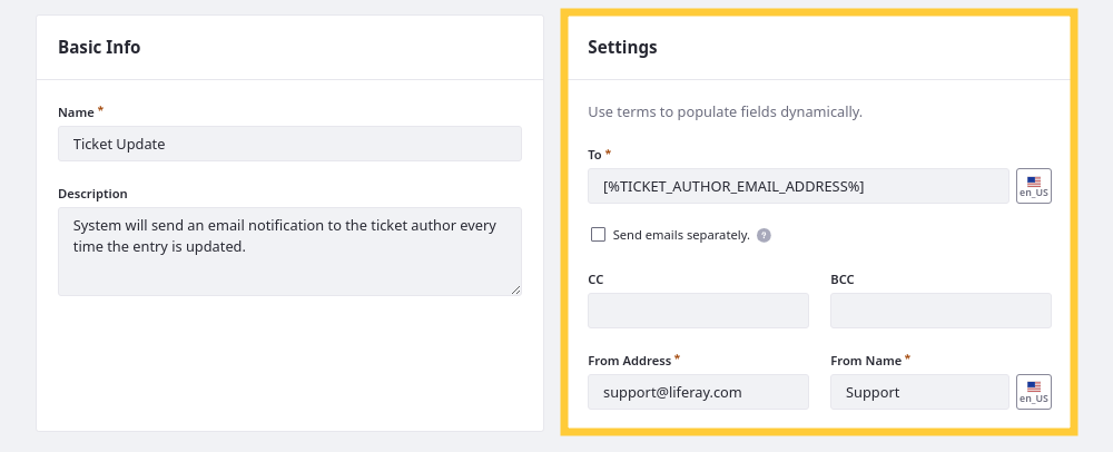 Under Settings, enter details for the sender and desired recipients.