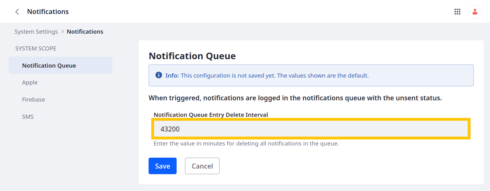 Under Notification Queue, enter the number of minutes between deletion operations.