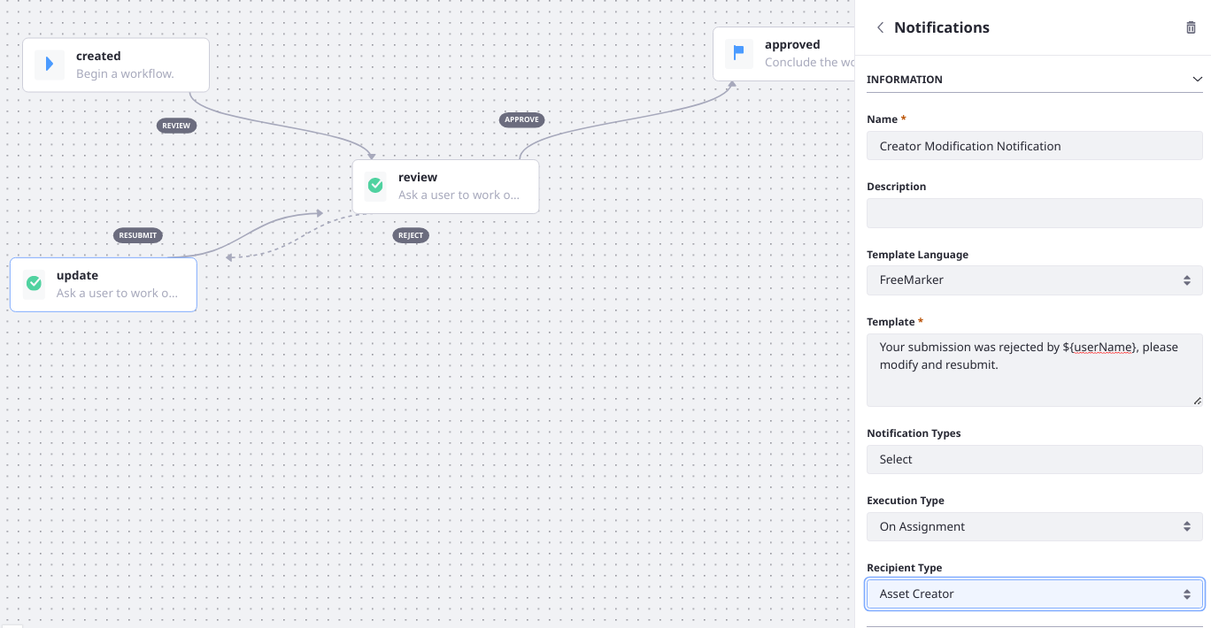 Add an Notification to the Update node which notifies the creator that the submission has been rejected.