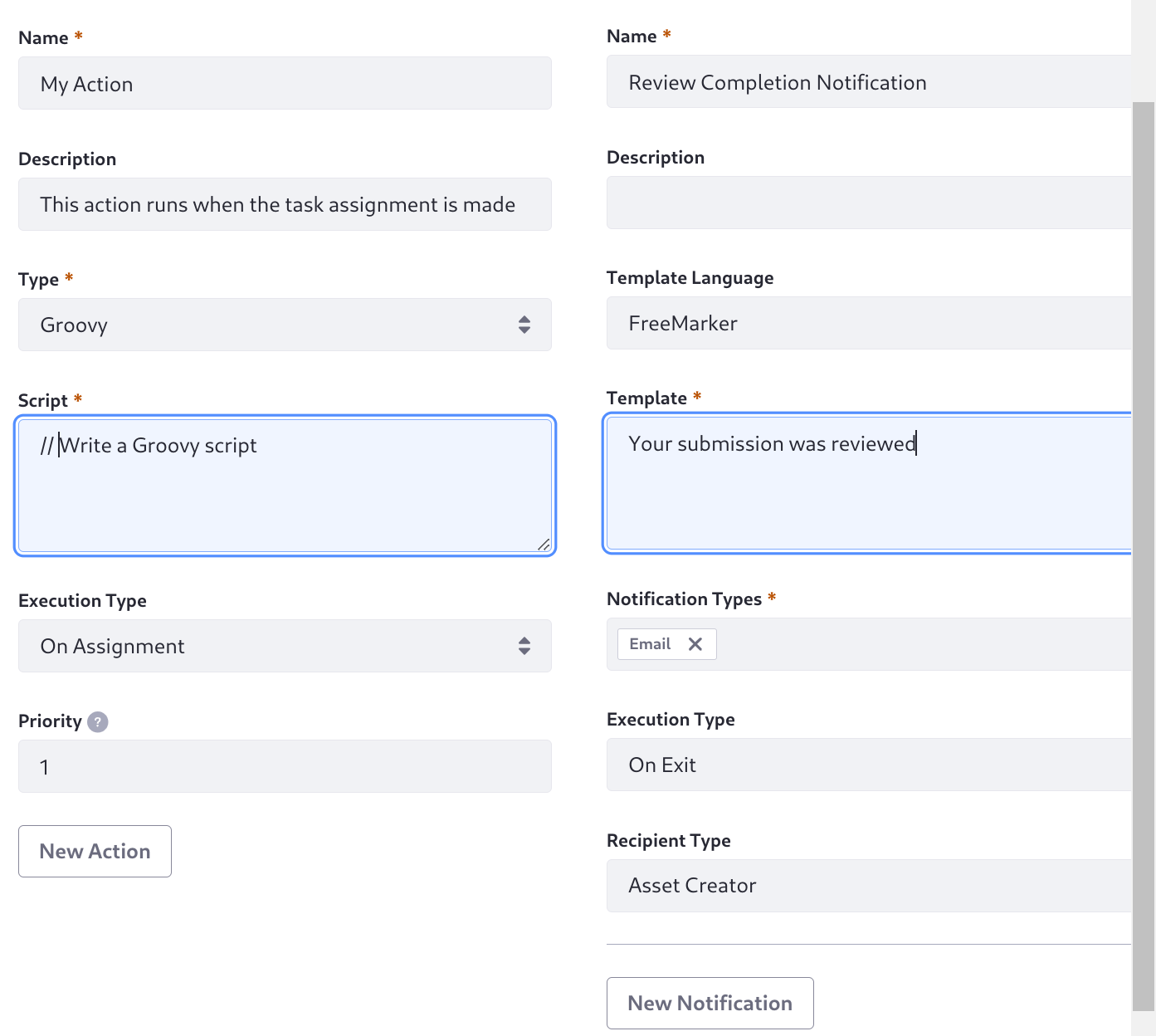 You can add actions and notifications to task nodes.