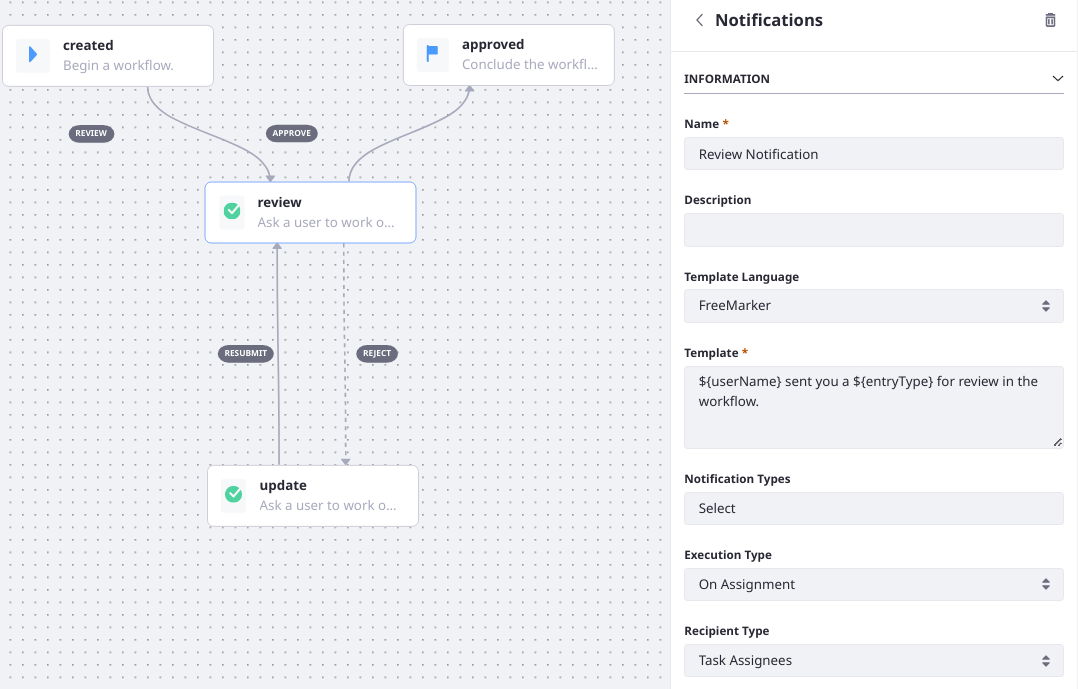 Configure the Task node's notification settings to send an email and user notification that an asset is ready for review.