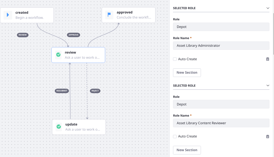 Configure the Task Node's notification settings to send an email and user notification that an asset is ready for review.