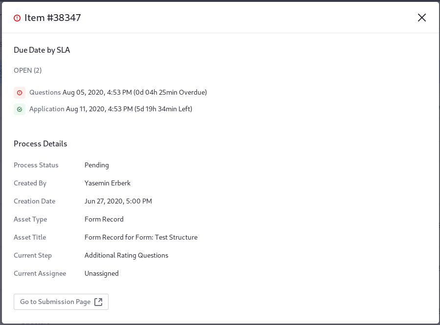 Item Details include SLA status information and whether the item is Resolved or Open.