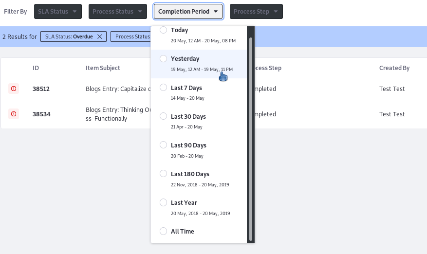 Filter by Process Status and Completion Period.