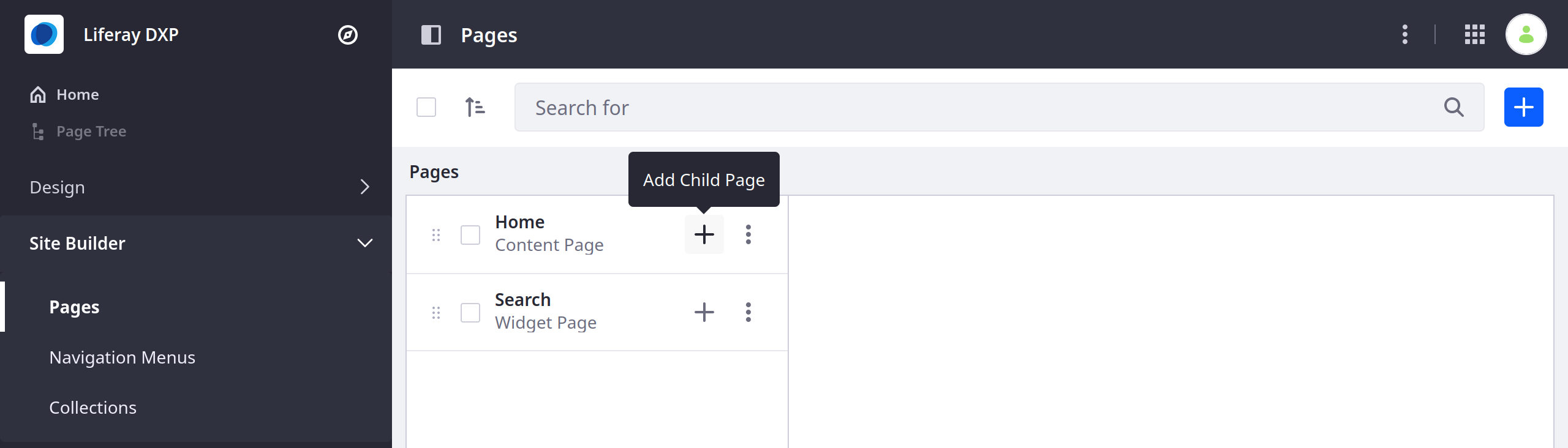 Click the Add buton next to an exiting Page to create a new child Page.