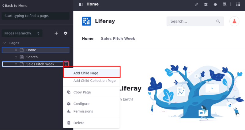 Adding a child page using the page tree menu.