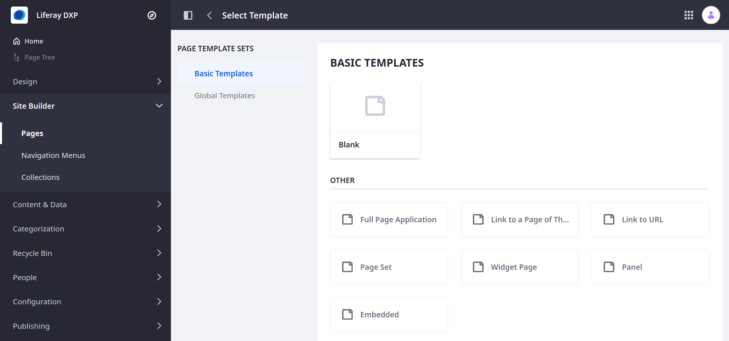 Basic page templates are available.