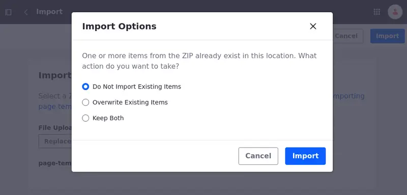 Choose one of three options when you import a duplicated page template