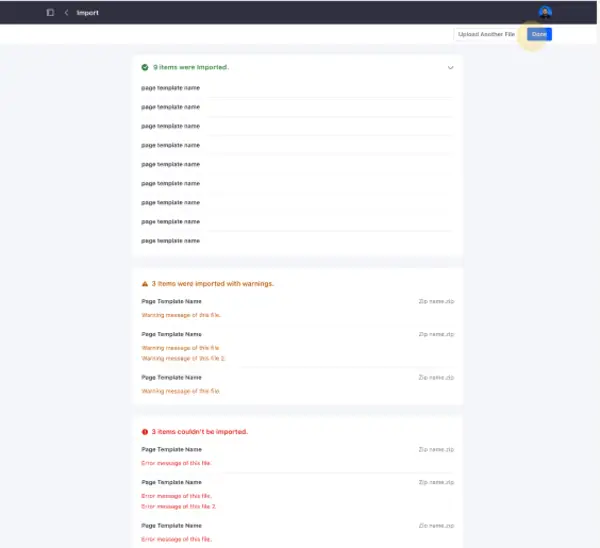 The import outcome page shows warnings and errors related to the importing process