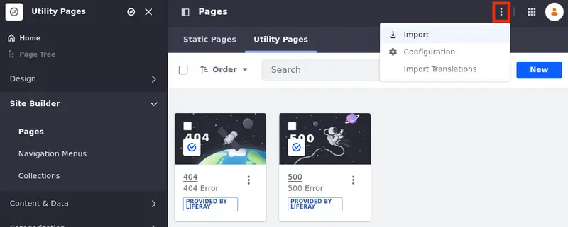 Use the options menu to import, change the configuration, or import translation for utility pages.